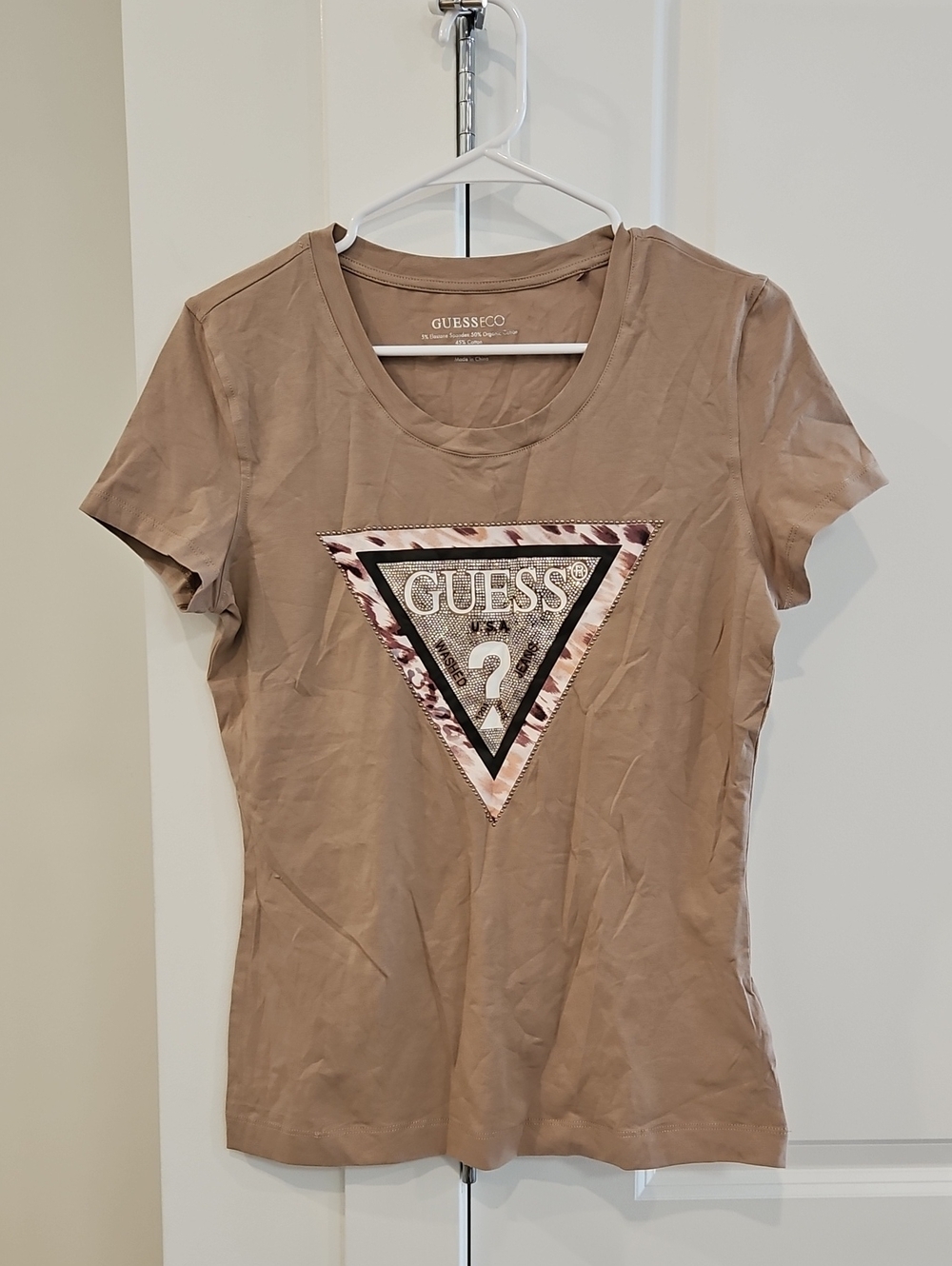GUESS Taupe Brown Short Sleeve Triangle Logo Tee
